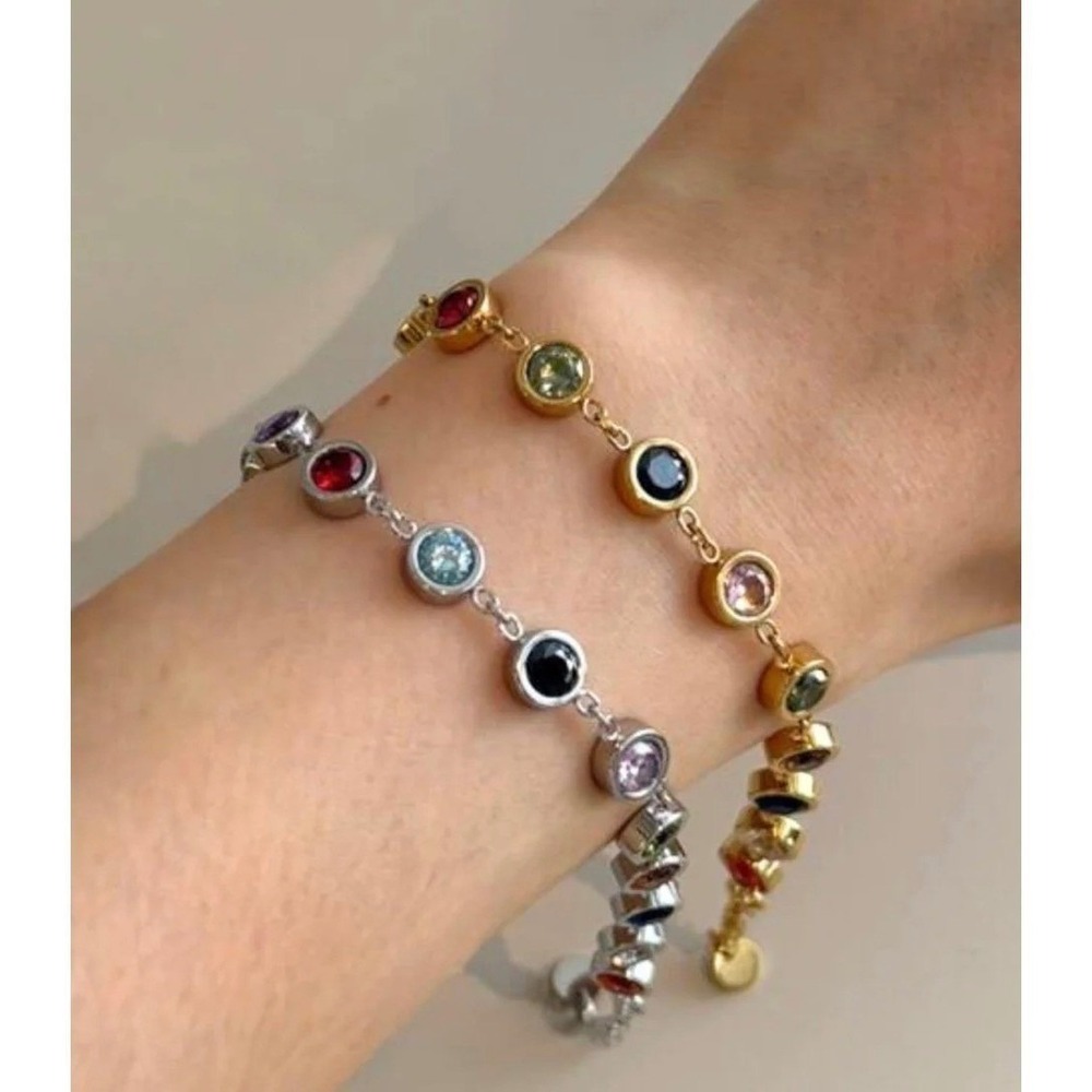 Multicolor CZ Bezel Bracelet | White Gold PVD TS Eras Inspired Bracelet - Picture 3 of 7